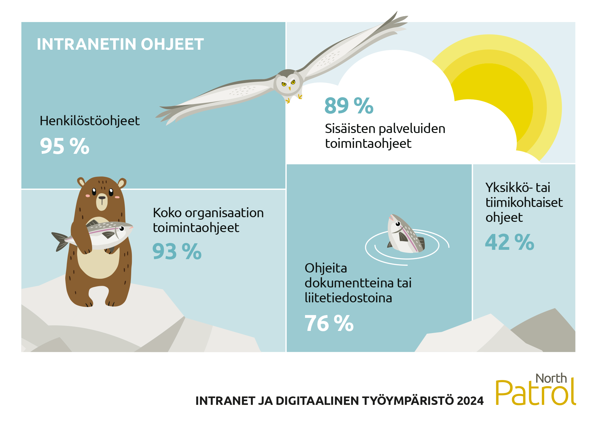 Intanetissa tarjottavista ohjeista 95 % on henkilöstöohjeita, 93 % koko organisaatiota koskevia toimintaohjeita, 89 % sisäisten palveluiden toimintaohjeita ja 42 % yksikkö- tai tiimikohtaisia ohjeita. Liitetiedostoina tarjotaan ohjeita 76 % intraneteistä. 