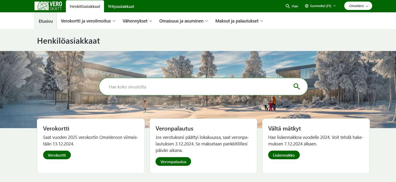 Vero.fi-sivuston etusivulla näkyy tyrkyllä iso hakulaatikko.