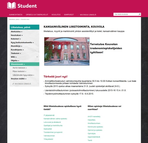Kaakkois-Suomen ammattikorkeakoulu, Student-intran koulutussivuston etusivu: Kansainvälinen liiketoiminta