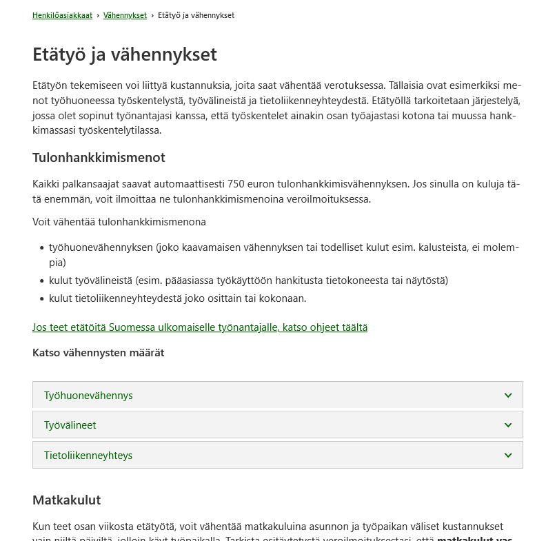 Vero.fi-palvelun ohjesivu "Etätyö ja vähennykset".