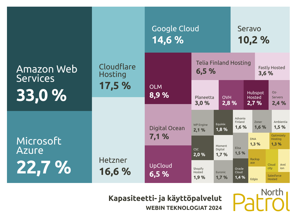 Kaavio verkkosovellusten kapasiteetti- ja käyttöpalveluista. Web-teknologiat 2024. 